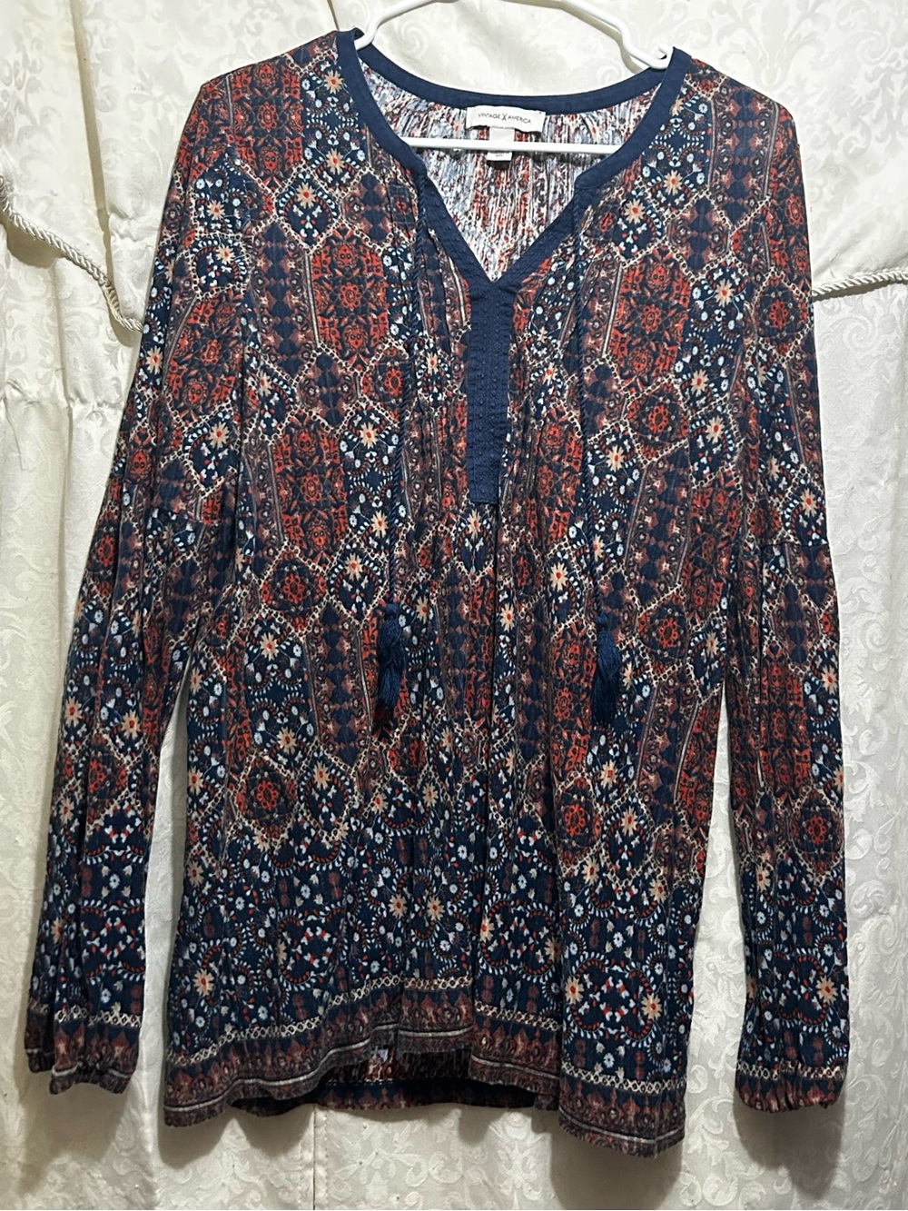 Vintage America navy blue and rusty patterned blouse